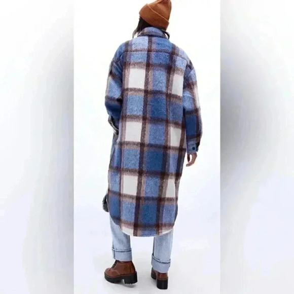 OBEY Blue Plaid Emile Brushed Longline Shacket Jacket - Picture 3 of 8